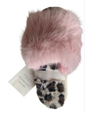 Shiraleah Blush with Leopard Accent Faux Fur Slippers L/XL NWT